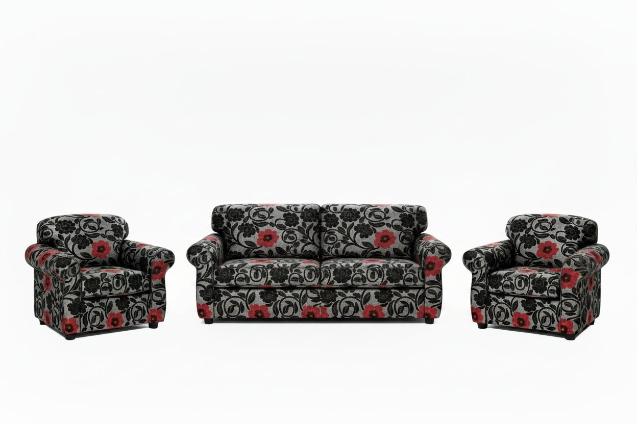 3-Piece Lounge Suite – 3-Seater + 2 Armchairs (Grey/Red Floral)
