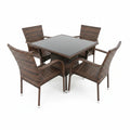 Outdoor Rattan Dining Set – Square Glass-Top Table + 4 Armchairs (Dark Brown)