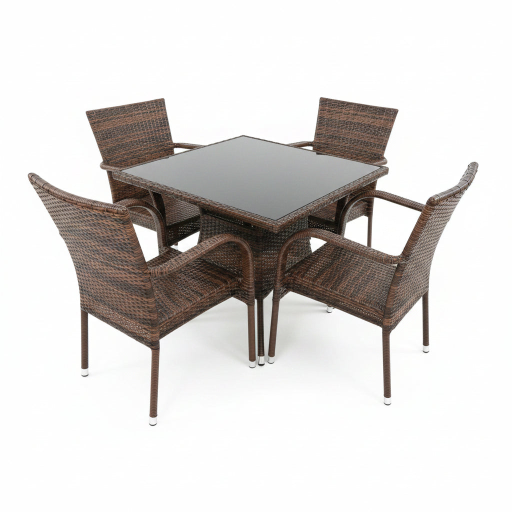 Outdoor Rattan Dining Set – Square Glass-Top Table + 4 Armchairs (Dark Brown)