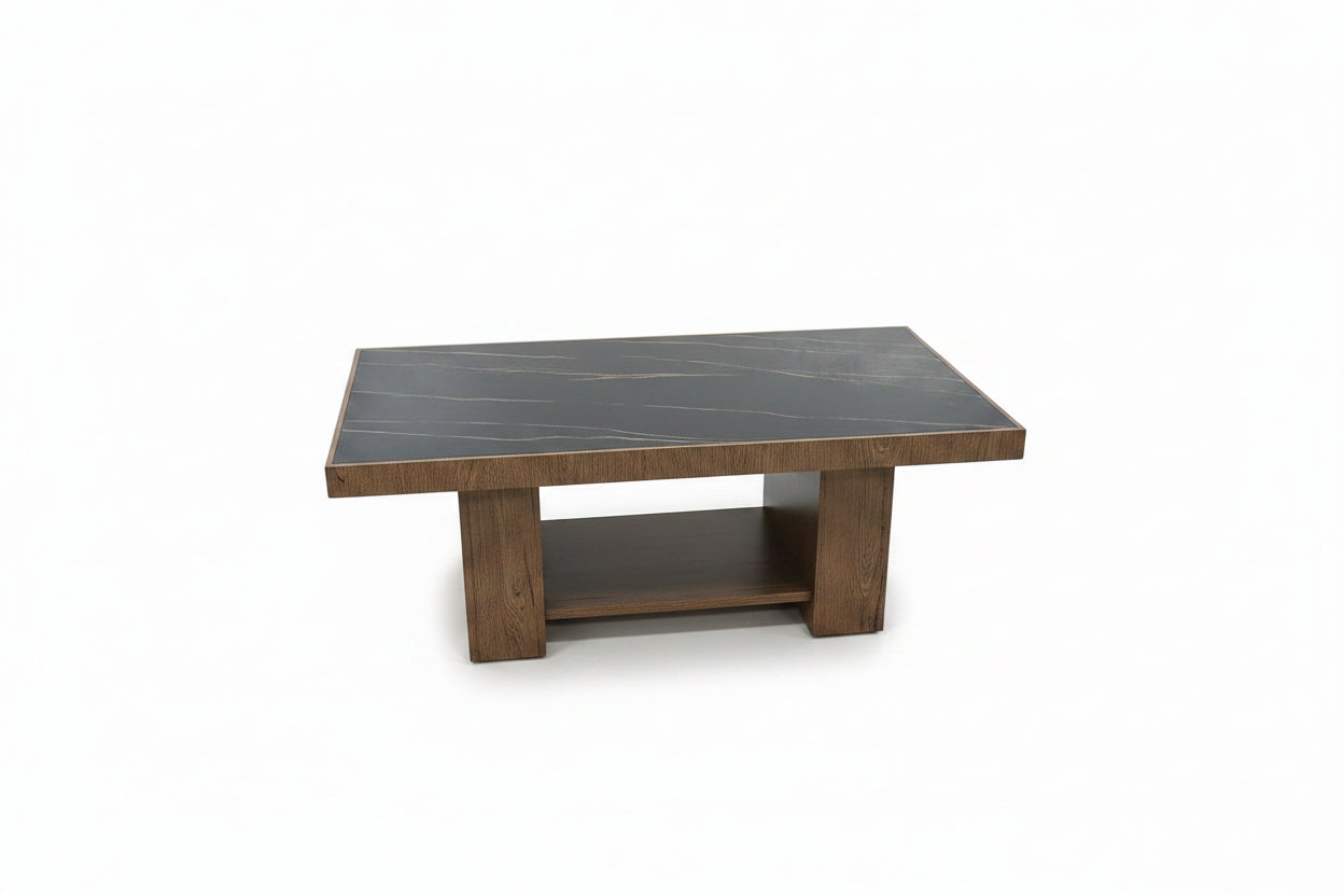 Coffee Table – Black Marble-Look Top with Timber Base