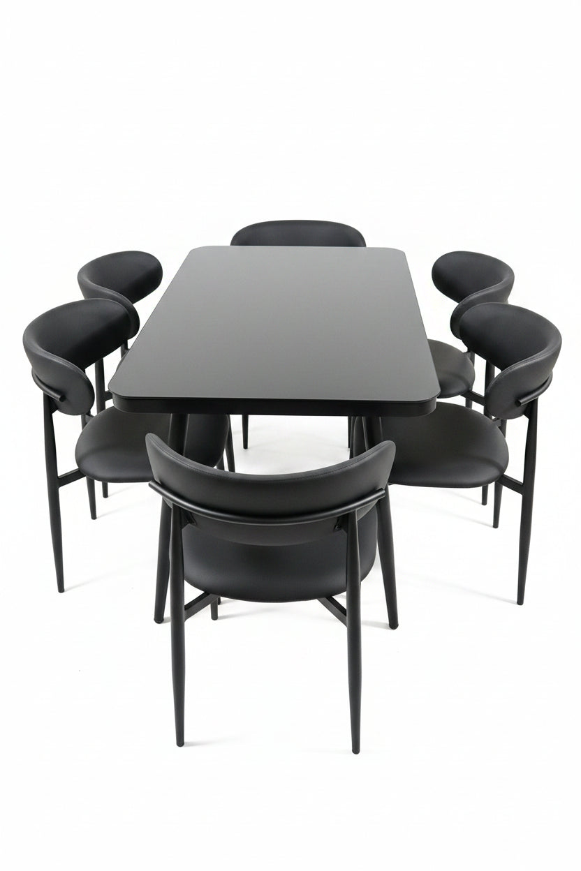 7-Piece Dining Set – Black Glass Table + 6 Chairs