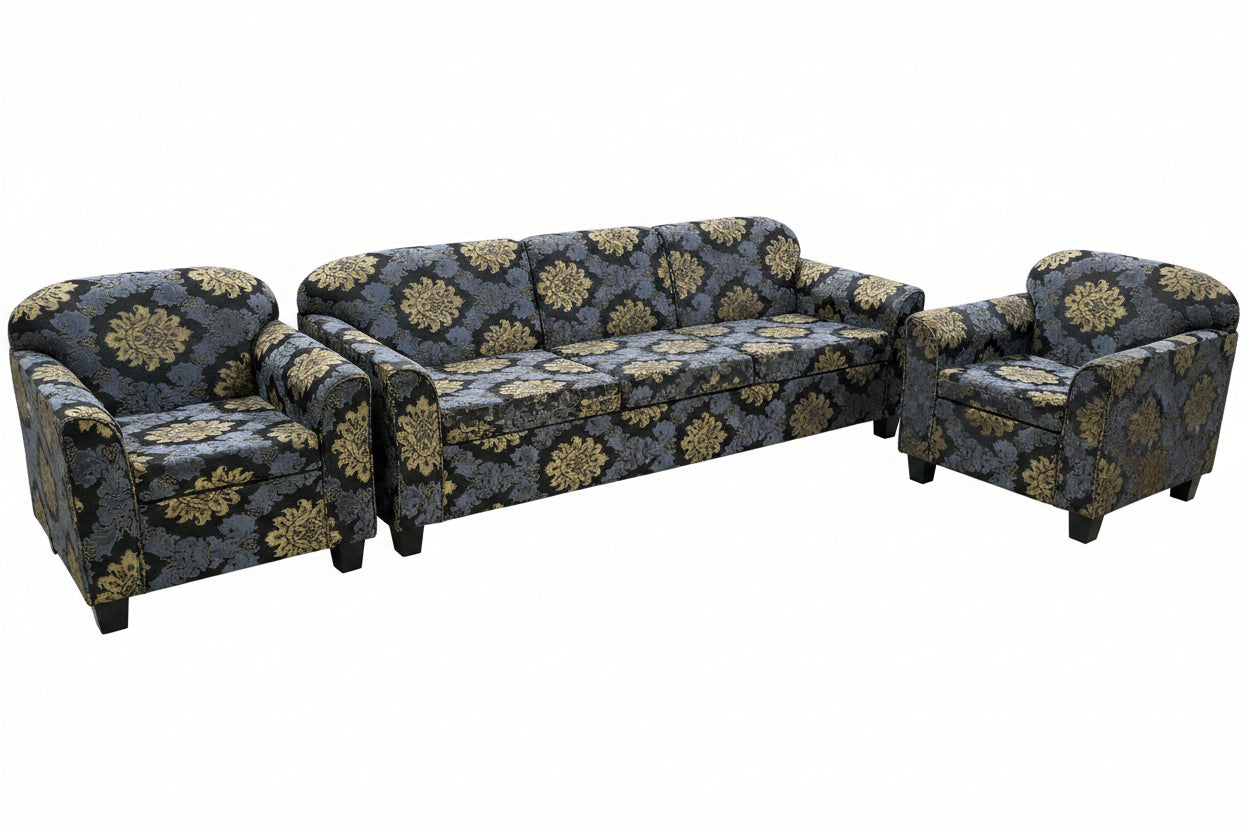 Sofa Suite 3+2+1 – Black & Blue Damask with Gold