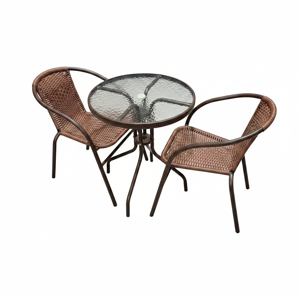 Outdoor Bistro Set – Round Glass Table + 2 Rattan Chairs