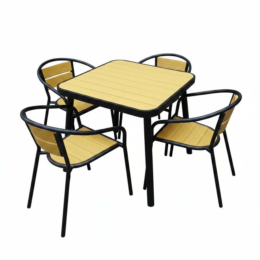 Outdoor Dining Set – Polywood Table + 4 Chairs (Black Steel Frame)